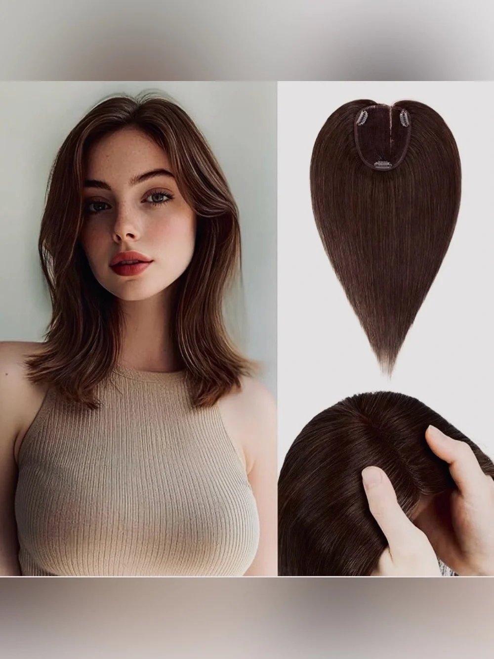 12” Dark Brown Human‎ Hair Topper Side Part #TE2